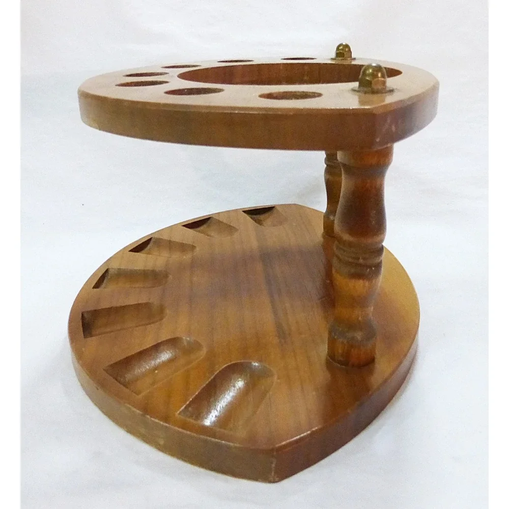 Vintage walnut pipe holder 7 slots wooden tobacco stand rack mid century